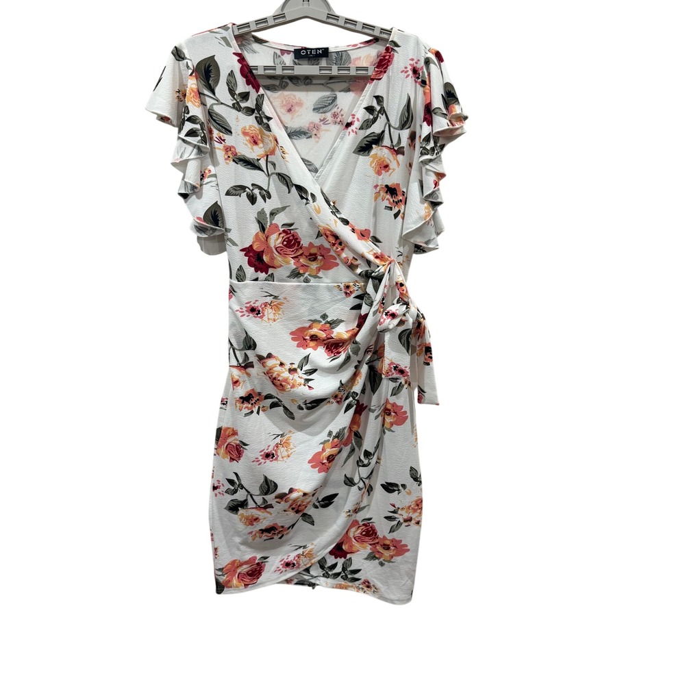 OTEN Womens 2XL Floral Faux‎ Wrap Dress White Rose Ruffle Sleeve V-Neck Mini